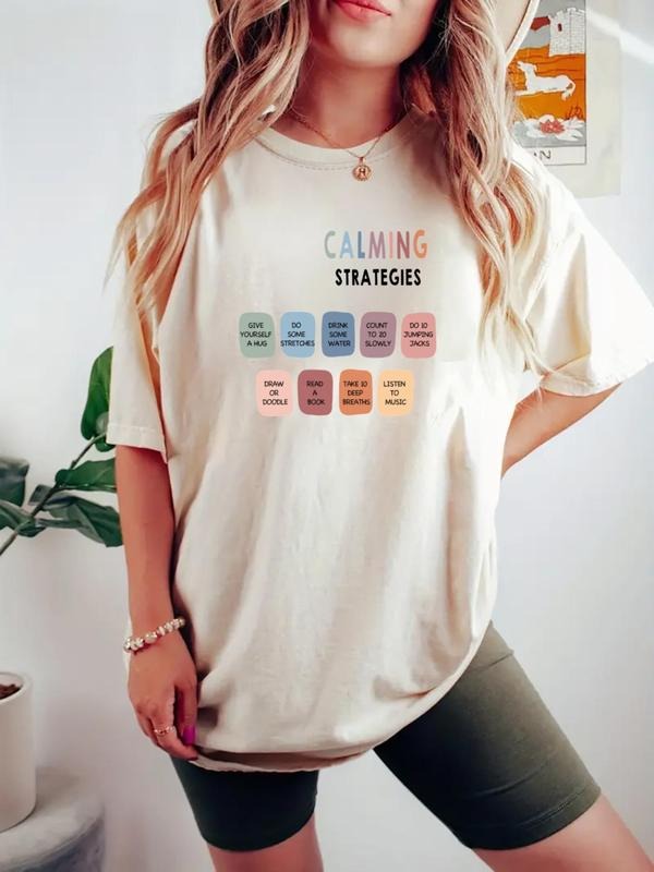 Women's Calming Strategies Print Round Neck Tee, Casual Short Sleeve T-shirt for Daily Wear, Ladies Clothes for All...