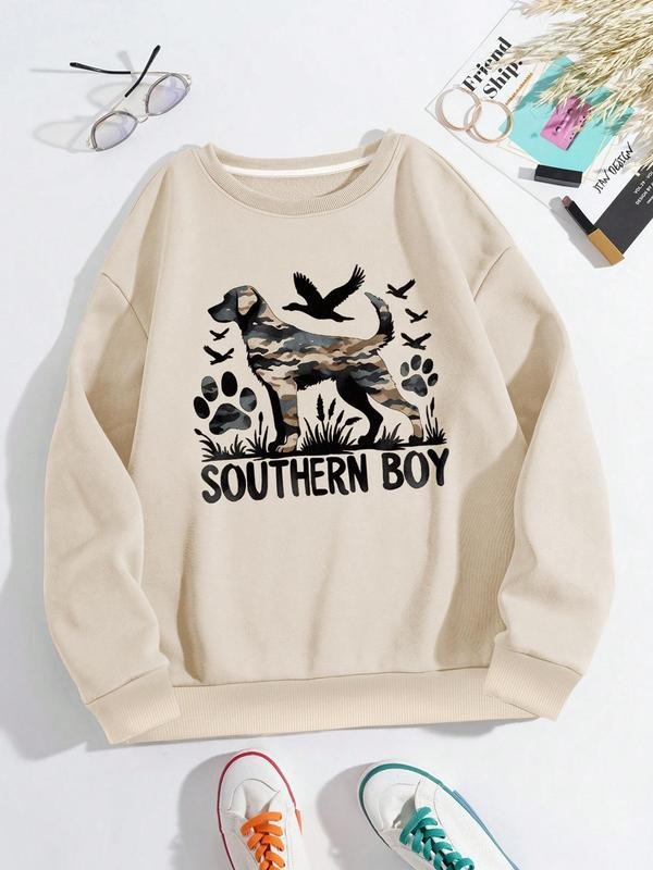 Women's Camo & Dog Print Drop Shoulder Pullover, Fashion Casual Crew Neck Sweatshirt for Daily Holiday Outdoor Wear,...