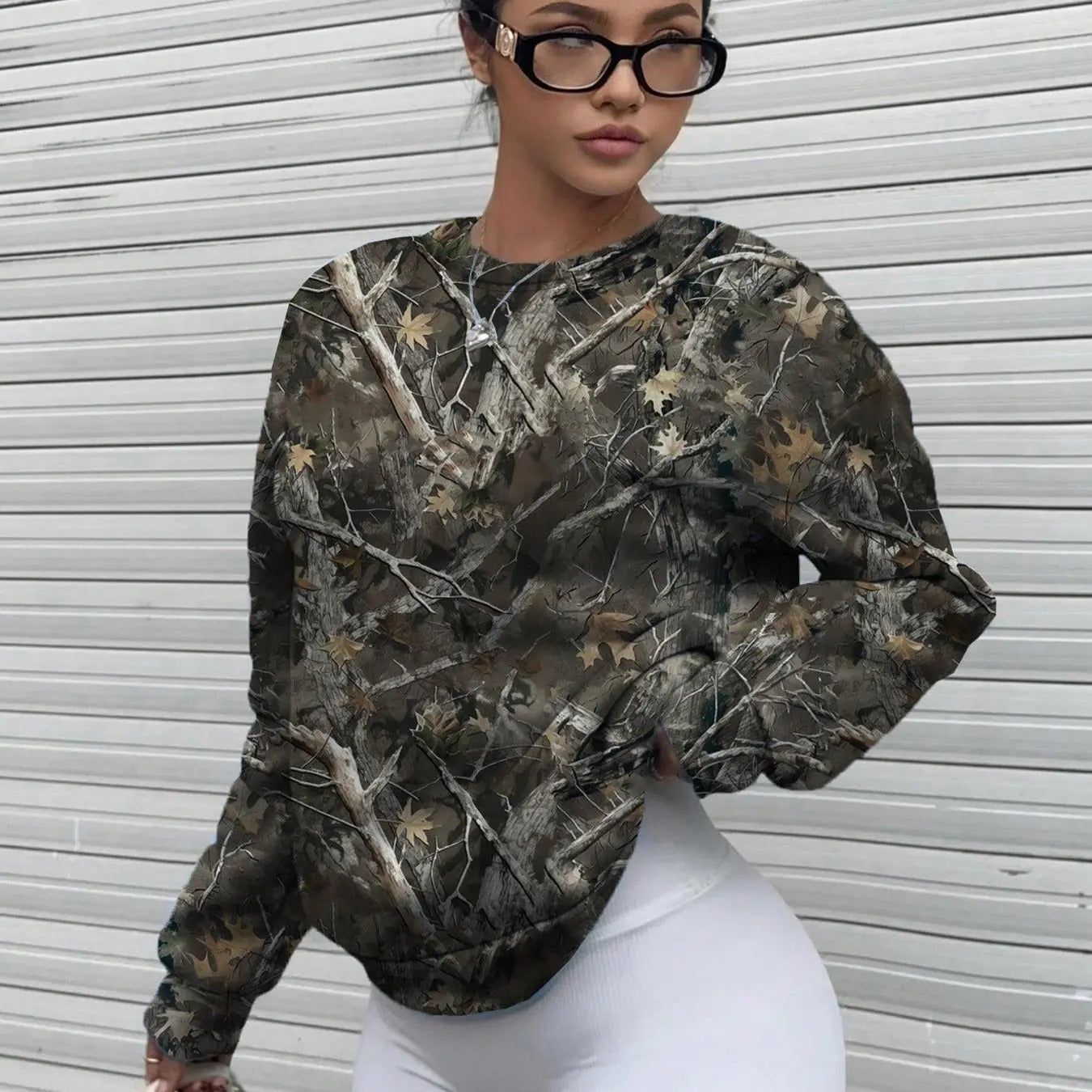 Camo Print Drop Shoulder Casual Long Sleeve Round Neck Fall & Winter Clothes Daily Womenswear T-Shirts, Hoodie, Sweatshirt