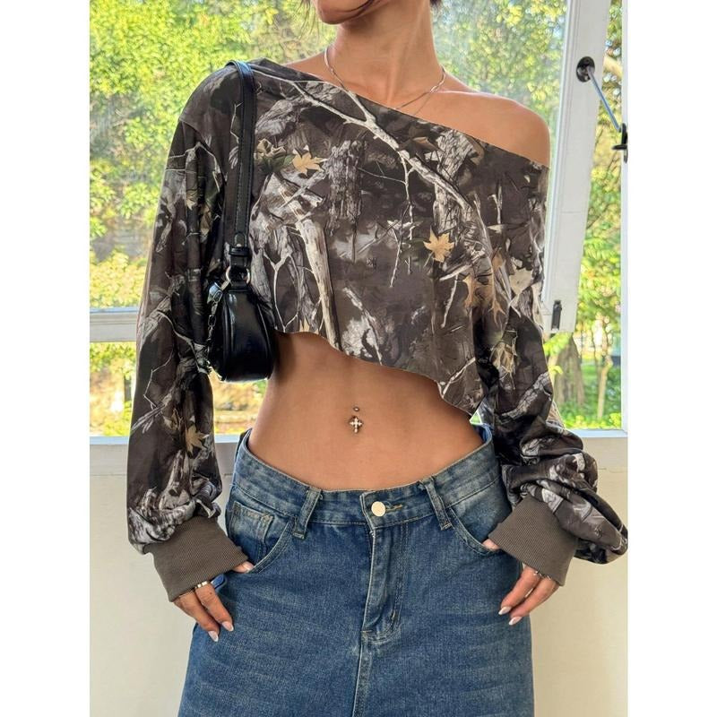 Camo Off Shoulder Long Sleeve Asymmetrical Neck Y2k Crop Tops Streetwear T-Shirts, Hoodie, Sweatshirt