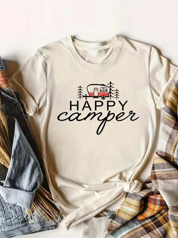 Women's Camping & Tree Print Round Neck Graphic Tee, Casual Happy Camping Short Sleeve T-shirt for Daily Wear, Ladies...