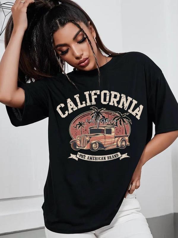 Car & Letter Print Round Neck Casual Drop Shoulder Half Sleeve Daily All Seasons T-Shirts, Hoodie, Sweatshirt