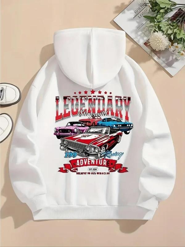 Women's Car & Letter Print Thermal Lined Hoodie, Fashion Casual Drawstring Pocket Hooded Sweatshirt for Daily Holiday Outdoor Wear, Women Clothing for Fall & Winter