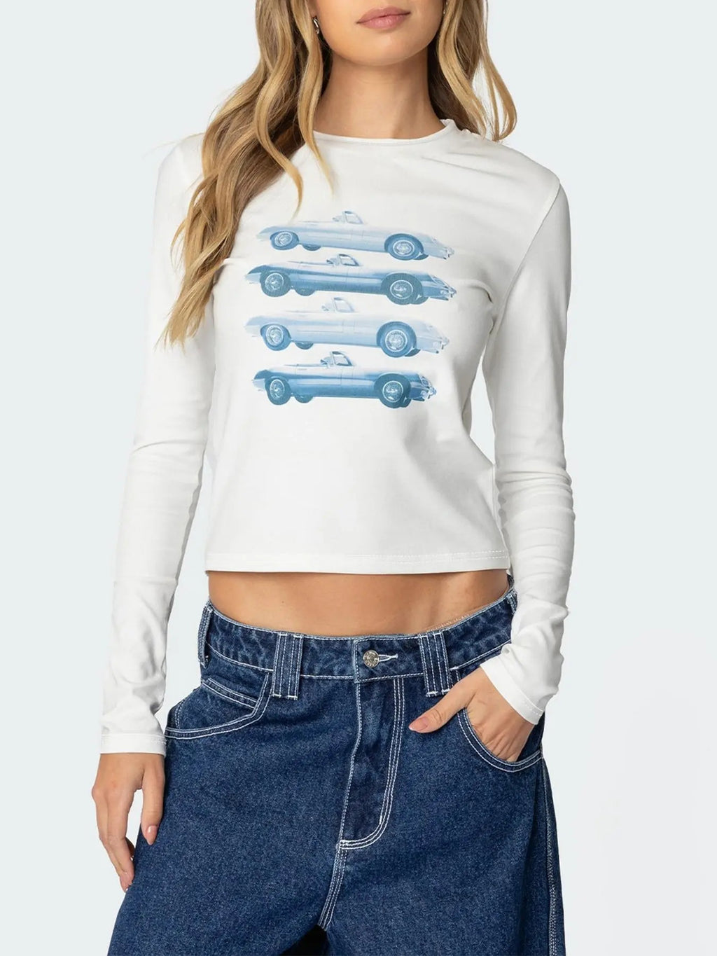 Women's Car Print Round Neck  Crop Tee, Casual Long Sleeve Crew Neck T-shirt for Spring & Fall, Fashion Women's Top for...