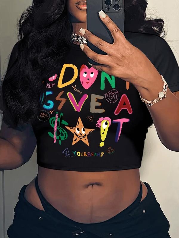 Cartoon & Letter Print Round Neck Crop Casual Short Sleeve Daily Clothes All Seasons Shirt Hoodie Sweatshirt