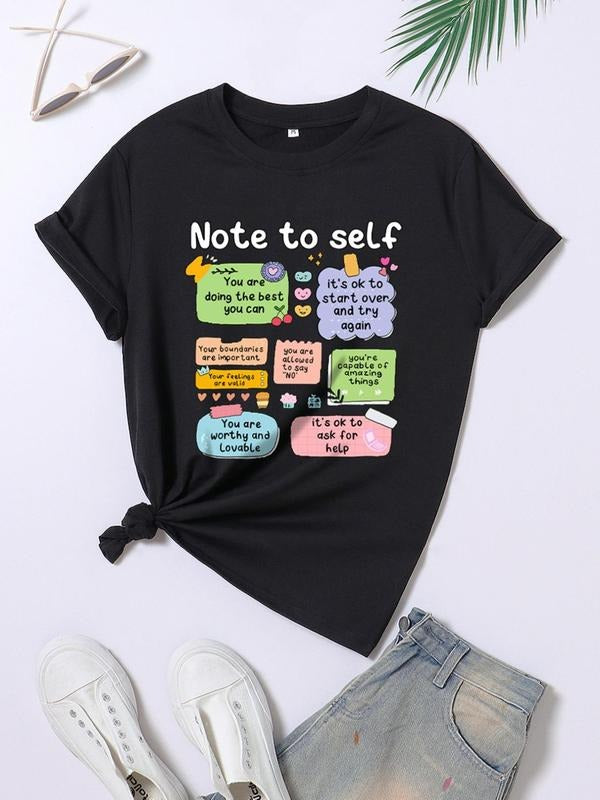 Women's Cartoon & Letter Print Round Neck Tee, Fashion Casual Crew Neck Short Sleeve T-Shirt for Daily Holiday Vacation...