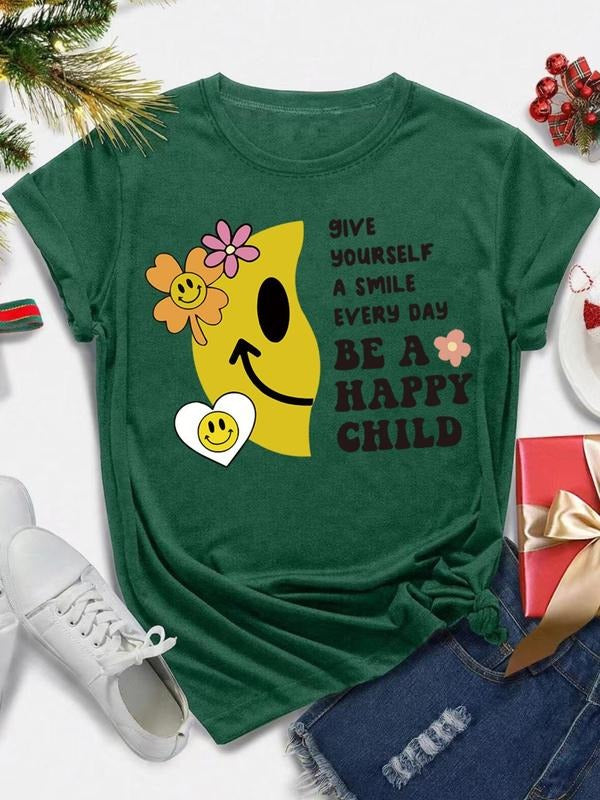 Women's Cartoon & Letter Print Round Neck Tee, Fashion Casual Crew Neck T-Shirt for Daily Holiday Vacation Outdoor Wear,...