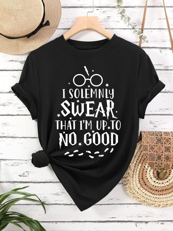 Women's Cartoon & Letter Print Round Neck Tee, Vintage Trendy Casual Graphic Short Sleeve T-Shirt for Daily Wear, Ladies...