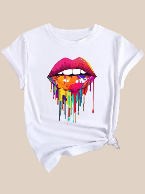 Women's Cartoon Abstract Lip Print Round Neck Tee, Fashion Casual Crew Neck Short Sleeve T-Shirt for Daily Holiday...