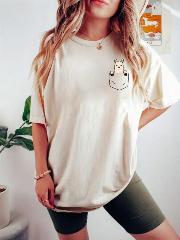 Women's Cartoon Animal Print Tee, Casual Round Neck T-shirt for Summer, Ladies Clothes for Daily Wear Hoodie Sweatshirt