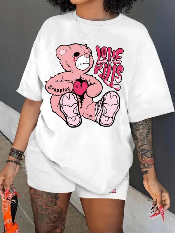 Cartoon Bear & Letter Print Drop Shoulder Casual Comfy Half Sleeve Round Neck Daily Top All Seasons T-Shirts, Hoodie, Sweatshirt