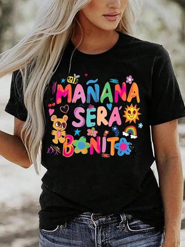 Women's Cartoon Bear & Letter Print Round Neck Tee, Cute Short Sleeve T-Shirt for Daily Wear, Casual Crew Neck Top for...