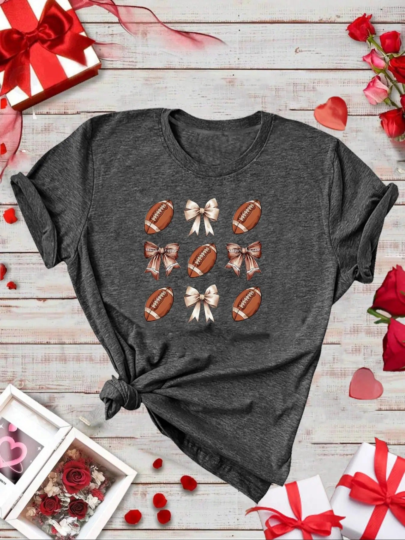 Women's Cartoon Bow & Football Print Round Neck Tee, Casual Short Sleeve T-shirt for Daily Wear, Ladies Clothes for All...