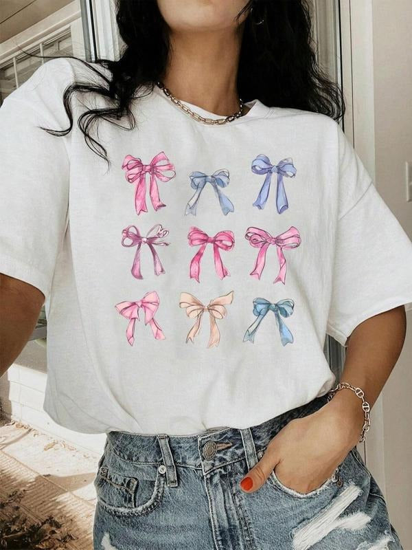 Women's Cartoon Bow Print Round Neck Tee, Fashion Casual Drop Shoulder Half Sleeve T-shirt for Daily Wear, Ladies Summer...