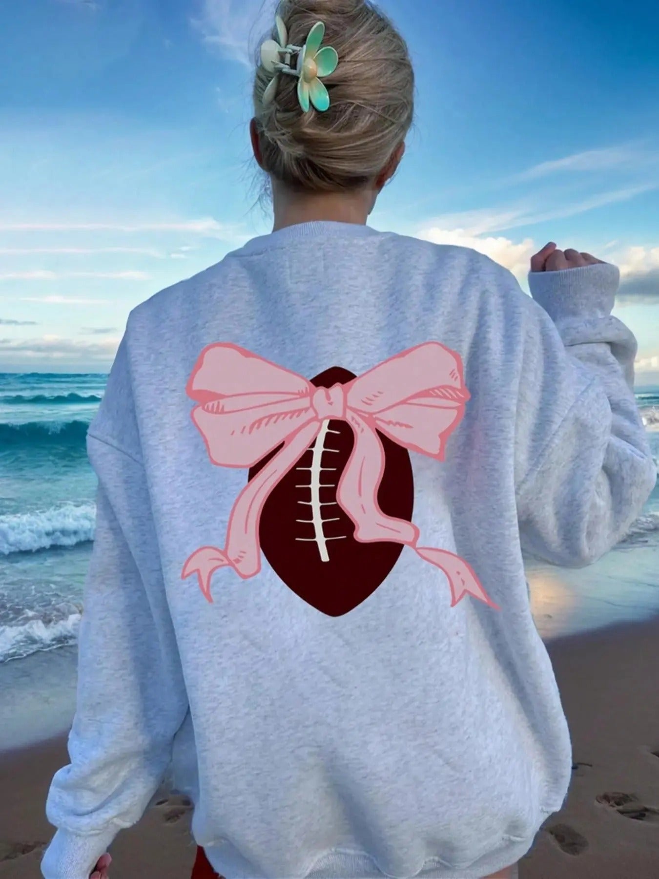 Cartoon Bowknot Print Crew Neck Casual Drop Shoulder Long Sleeve Fall & Winter Clothes Daily T-Shirts, Hoodie, Sweatshirt