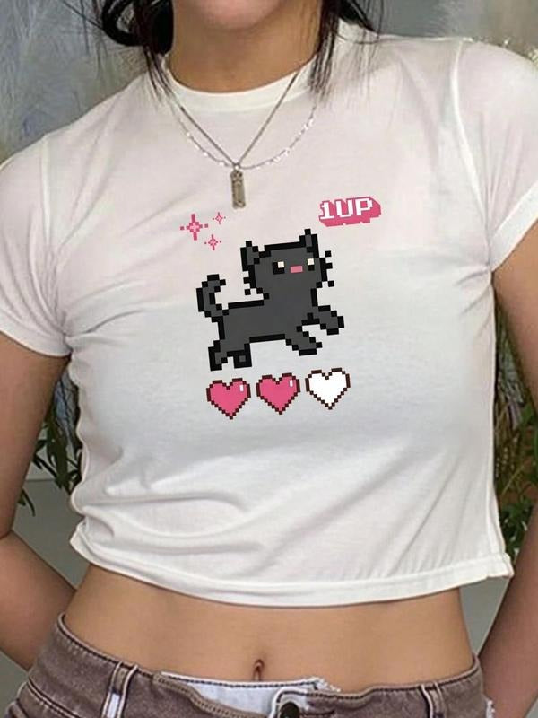 Cartoon Cat & Letter Print Round Neck Casual Short Sleeve Crew Neck Daily Clothes All Seasons T-Shirts, Hoodie, Sweatshirt