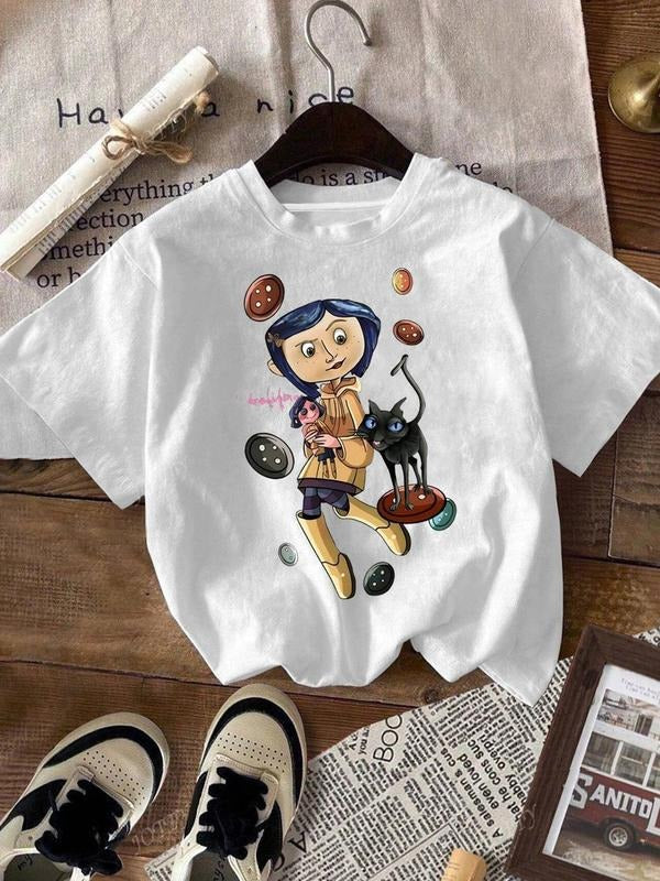Women's Cartoon Cat & Letter Print Round Neck Tee, Casual Short Sleeve T-shirt for Daily Wear, Ladies Clothes for All...