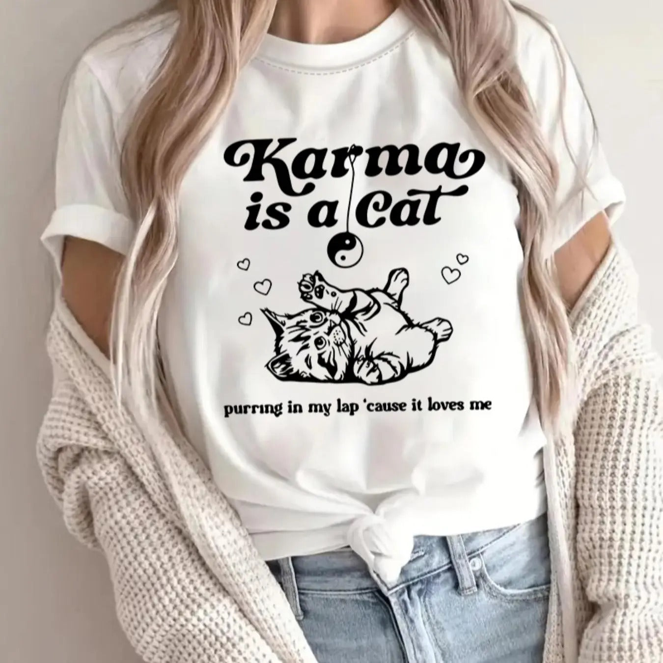 Women's Cartoon Cat & Letter Print Round Neck Tee, Fashion Casual Crew Neck T-Shirt for Daily Holiday Vacation Outdoor...