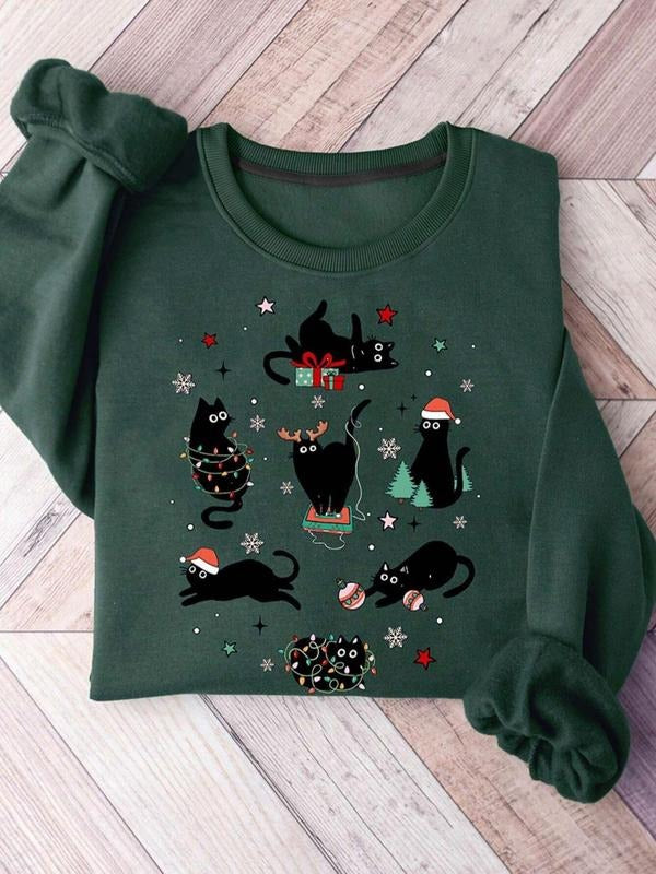 Cartoon Cat Print Crew Neck Casual Long Sleeve Fall & Winter Clothes Daily T-Shirts, Hoodie, Sweatshirt
