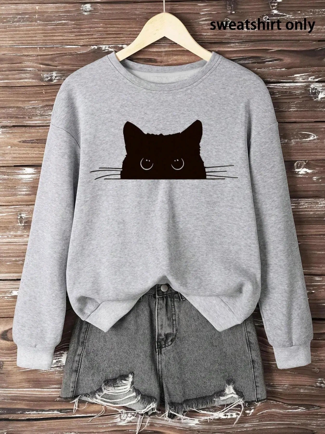 Women's Cartoon Cat Print Drop Shoulder Sweatshirt, Casual Long Sleeve Round Neck Pullover for Fall & Winter, Ladies...