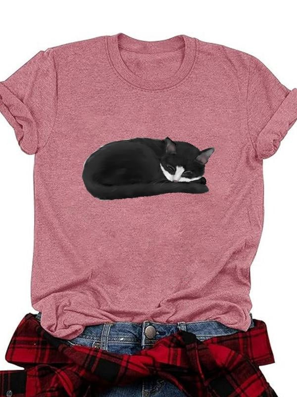 Women's Cartoon Cat Print Round Neck Tee, Casual Crew Neck T-shirt for Daily Wear, Ladies Clothes for All Seasons Hoodie...