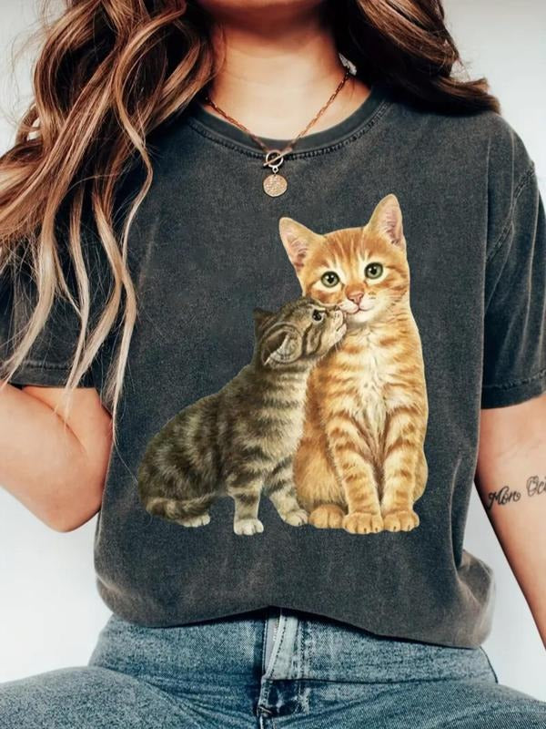 Women's Cartoon Cat Print Round Neck Tee, Casual Short Sleeve Crew Neck T-shirt for Daily Wear, Ladies Clothes for All...