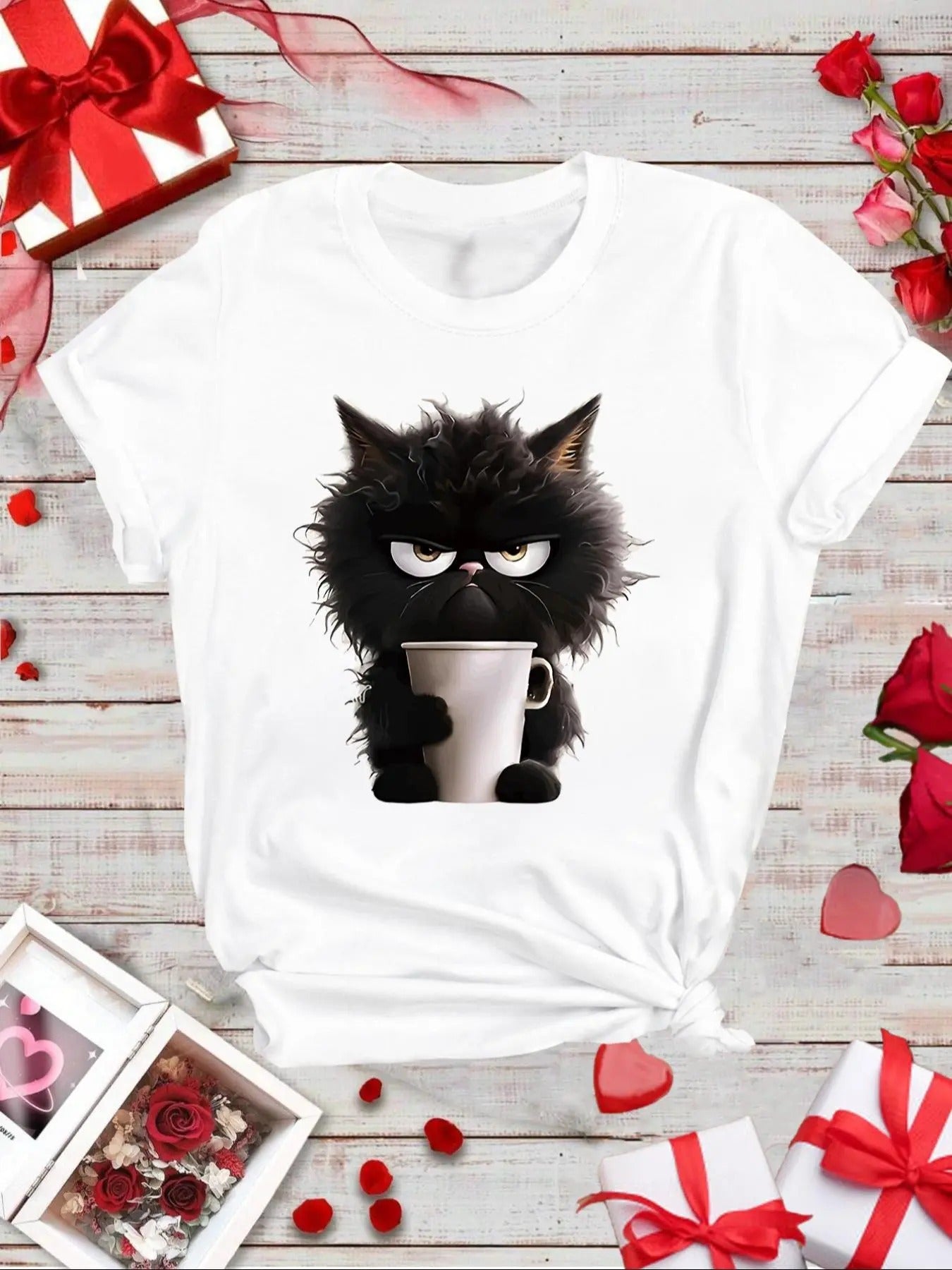 Women's Cartoon Cat Print Round Neck Tee, Fashion Casual Crew Neck Short Sleeve T-shirt for Daily Holiday Vacation...
