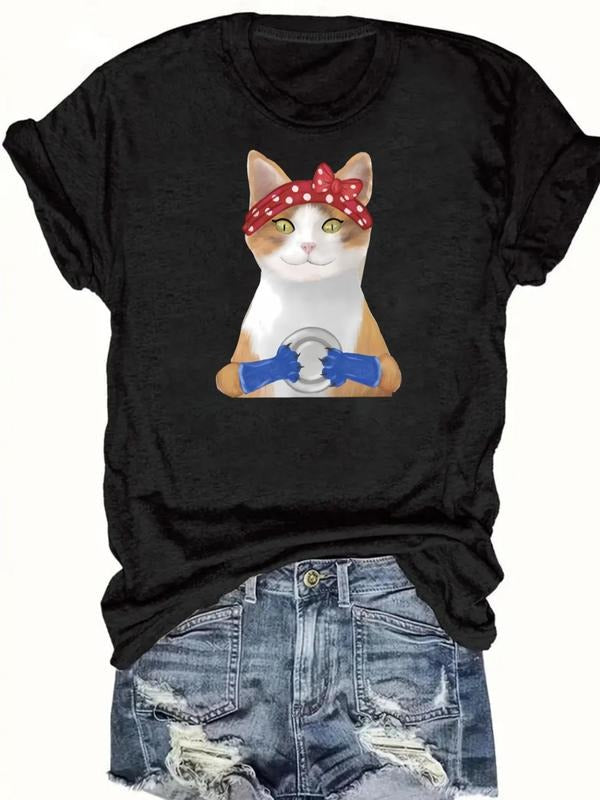 Women's Cartoon Cat Print Round Neck Tee, Fashion Casual Crew Neck T-shirt for Daily Holiday Vacation Outdoor Wear,...