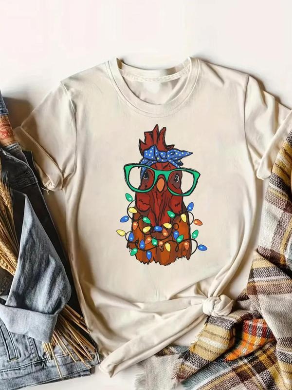 Women's Cartoon Chicken Print Round Neck Tee, Casual Christmas Graphic Short Sleeve T-Shirt for Summer, Women's Top for...