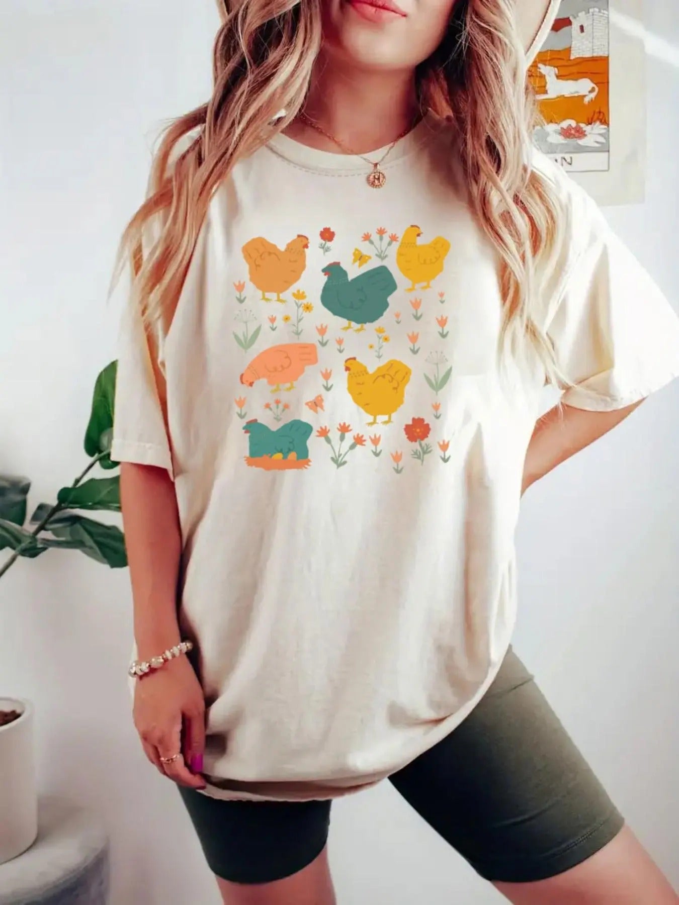 Women's Cartoon Chicken Print Tee, Casual Round Neck T-shirt for Summer, Women's Top for Daily Wear Hoodie Sweatshirt