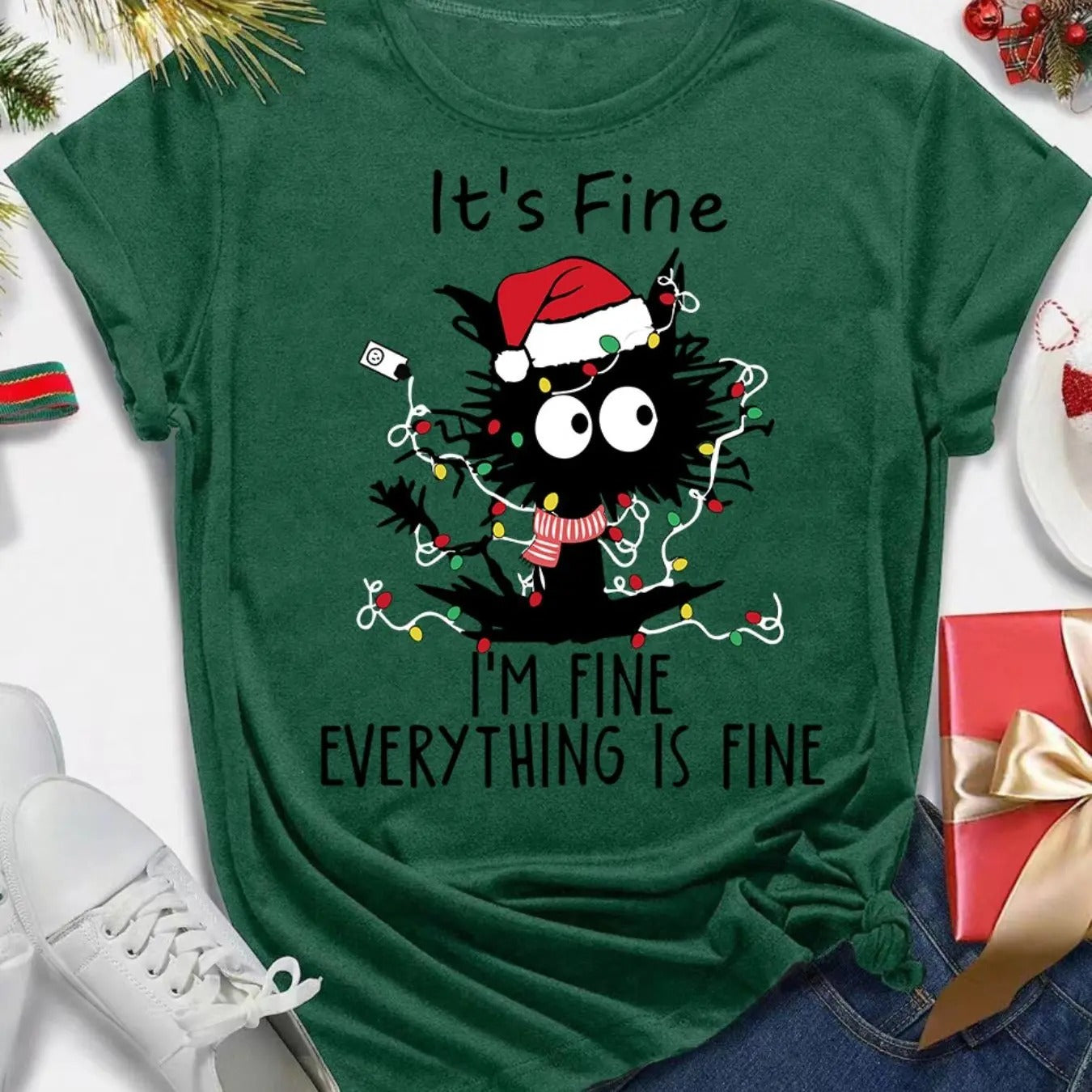Women's Cartoon Christmas Cat & Letter Print Round Neck Tee, Casual Short Sleeve T-Shirt for Summer, Women's Top for...