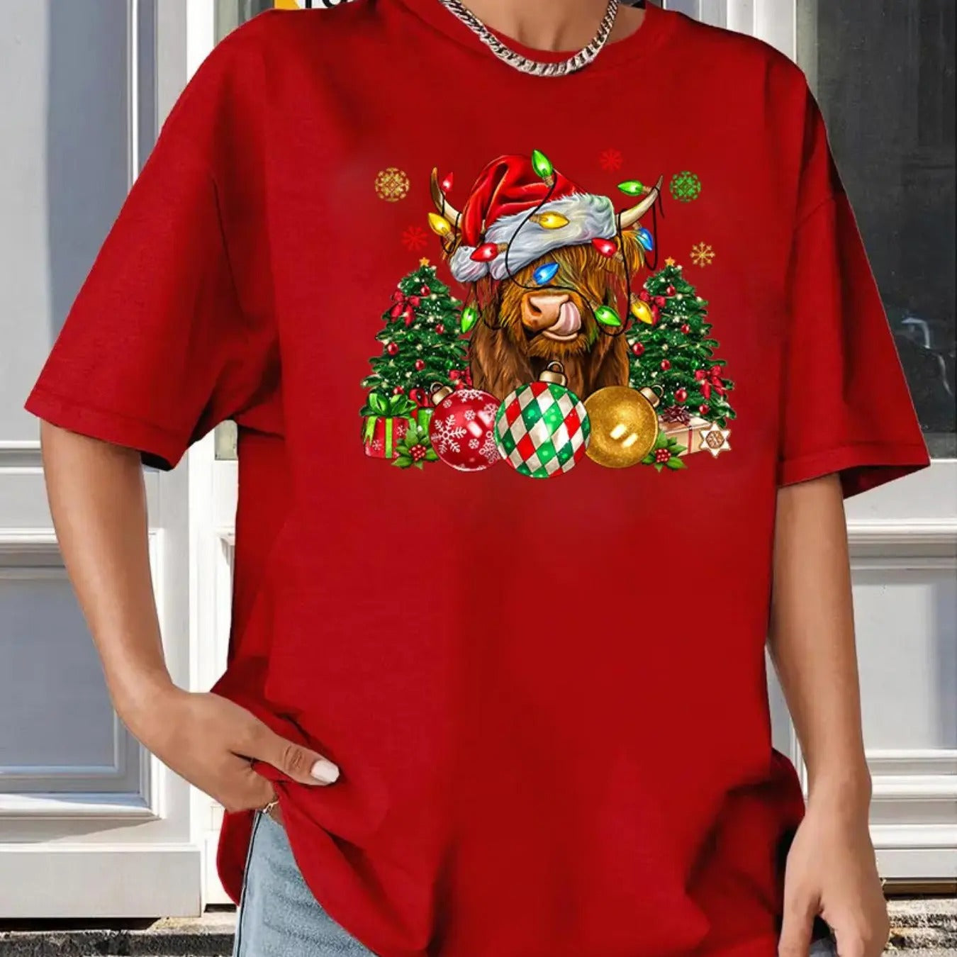 Women's Cartoon Christmas Print Drop Shoulder Tee, Casual Half Sleeve Round Neck T-Shirt for Summer, Women's Top for...