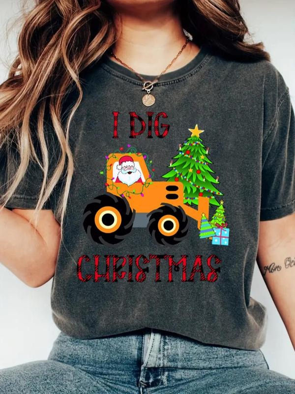 Women's Cartoon Christmas Print Round Neck Tee, Casual Santa Claus Graphic Short Sleeve T-Shirt for Daily Wear, Ladies...