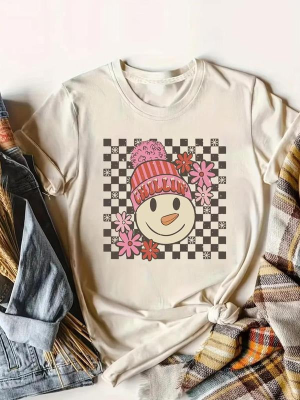 Women's Cartoon Christmas Print Round Neck Tee, Casual Short Sleeve T-shirt for Summer, Ladies Clothes for Daily Wear...
