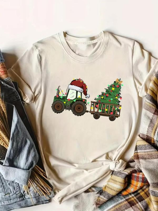 Women's Cartoon Christmas Tractor & Tree Print Round Neck Tee, Casual Short Sleeve T-Shirt for Daily Wear, Ladies Clothes...