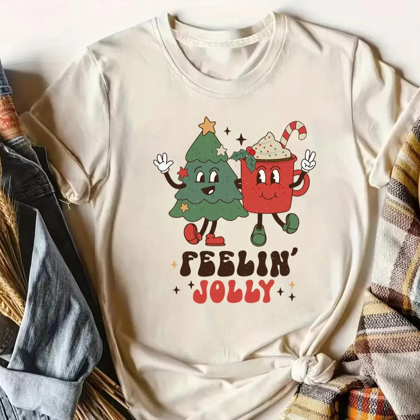 Women's Cartoon Christmas Tree & Letters Print Round Neck Tee, Casual Short Sleeve T-Shirt for Summer, Ladies Clothes for...