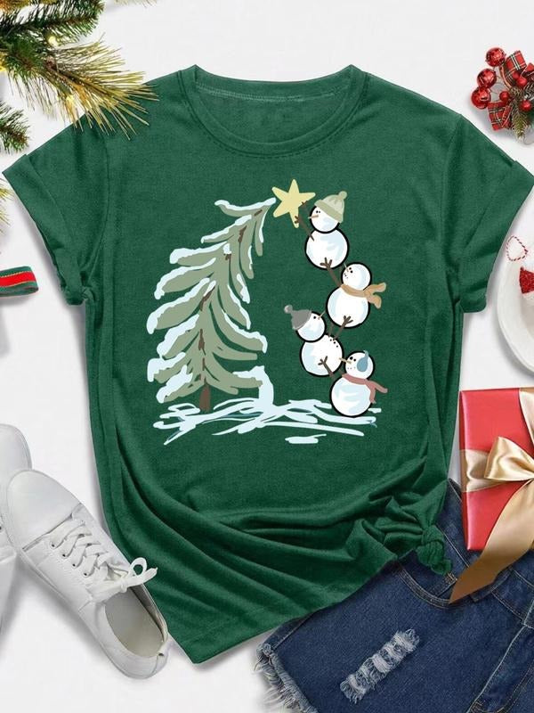 Women's Cartoon Christmas Tree & Snowman Print Round Neck Tee, Casual Short Sleeve Crew Neck T-Shirt for All Seasons,...