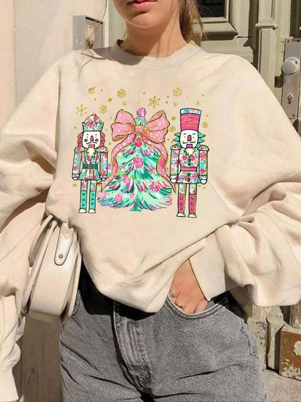 Women's Cartoon Christmas Tree Print Drop Shoulder Sweatshirt, Casual Long Sleeve Round Neck Pullover for Fall & Winter,...