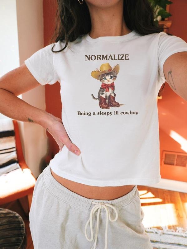 Cartoon Cowboy Cat Print Round Neck Casual Short Sleeve Summer Clothes Daily T-Shirts, Hoodie, Sweatshirt