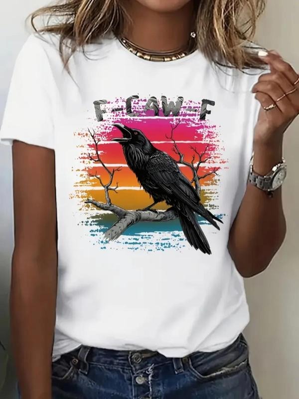 Women's Cartoon Crow Print Round Neck Tee, Fashion Casual Crew Neck T-Shirt for Daily Holiday Vacation Outdoor Wear,...