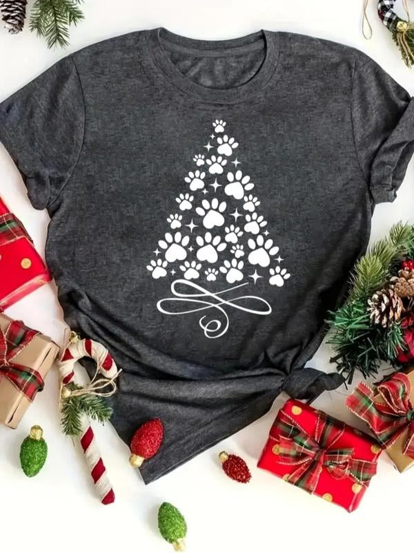 Women's Cartoon Dog Paw Christmas Tree Print Round Neck Tee, Casual Short Sleeve Crew Neck T-shirt for Holiday Vacation,...