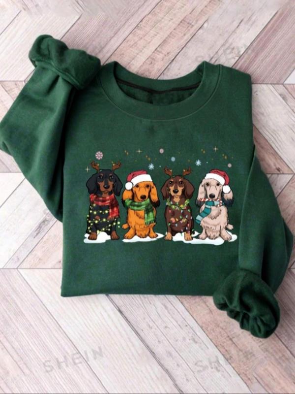 Women's Cartoon Dog Print Round Neck Sweatshirt, Casual Long Sleeve Pullover for Fall & Winter, Women's Clothes for Daily...
