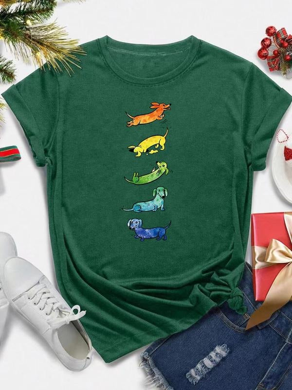 Women's Cartoon Dog Print Round Neck Tee, Casual Short Sleeve Crew Neck T-Shirt for All Seasons, Fashion Women's Top for...
