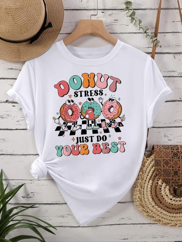 Women's Cartoon Donut Print Vintage Graphic Tee, Casual Trendy Short Sleeve T-shirt For Daily Wear, Ladies All Seasons...