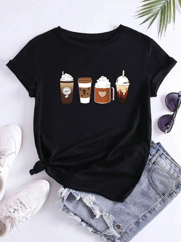 Cartoon Drink Print Round Neck Casual Short Sleeve Daily Clothes All Seasons T-Shirts, Hoodie, Sweatshirt