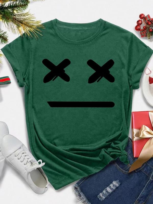 Women's Cartoon Expression Print Round Neck Tee, Fashion Casual Short Sleeve T-shirt, Ladies Summer Clothes for Daily...