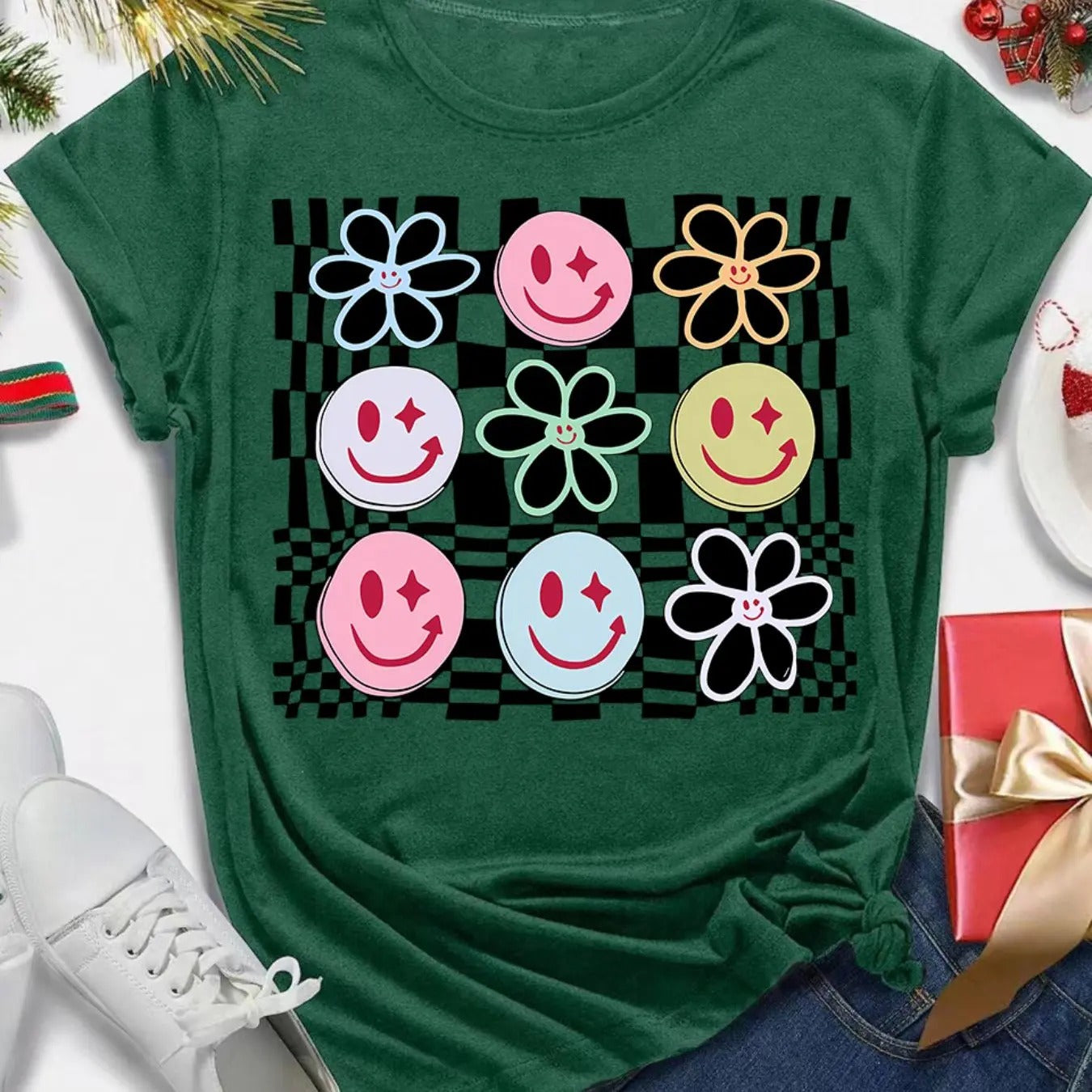 Women's Cartoon Face & Floral & Plaid Print Round Neck Tee, Casual Short Sleeve Crew Neck T-Shirt for Daily Wear, Ladies...