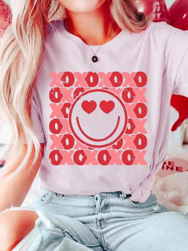 Women's Cartoon Face & Heart Print Round Neck Tee, Fashion Casual Crew Neck T-Shirt for Daily Holiday Vacation Outdoor...