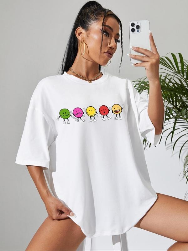 Women's Cartoon Face & Letter Print Drop Shoulder Tee, Casual Cute Half Sleeve Round Neck T-shirt for Daily Wear, Ladies...