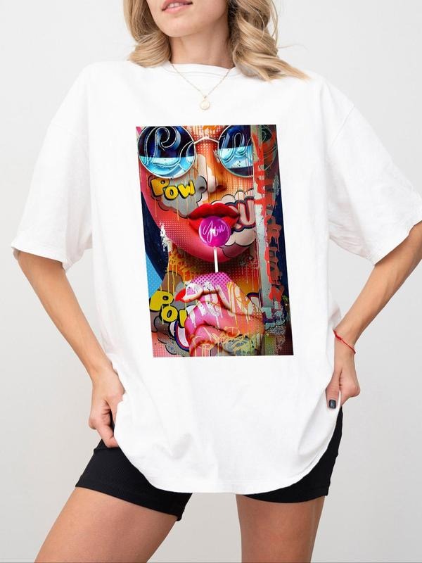 Cartoon Face & Letter Print Drop Shoulder Casual Half Sleeve Round Neck Daily Clothes All Seasons T-Shirts, Hoodie, Sweatshirt
